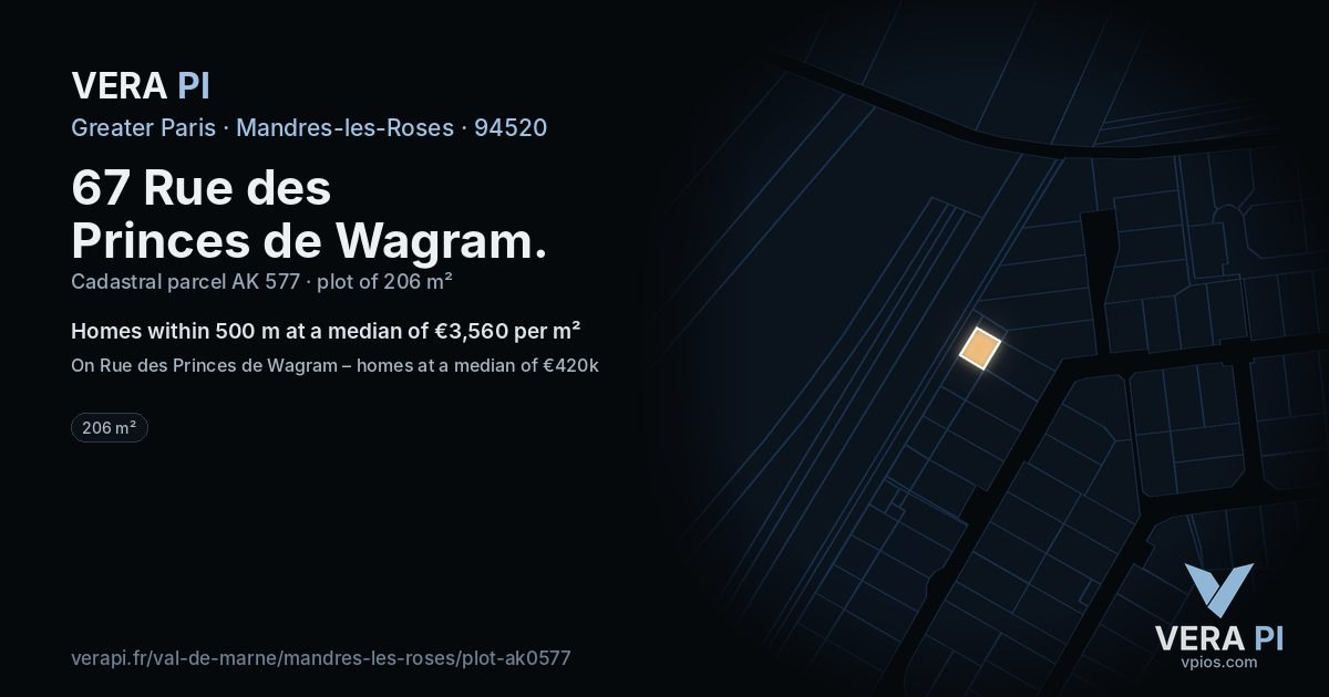 67 Rue des Princes de Wagram, Mandres-les-Roses at night – the plot lit, the parcels around coloured by the prices near them