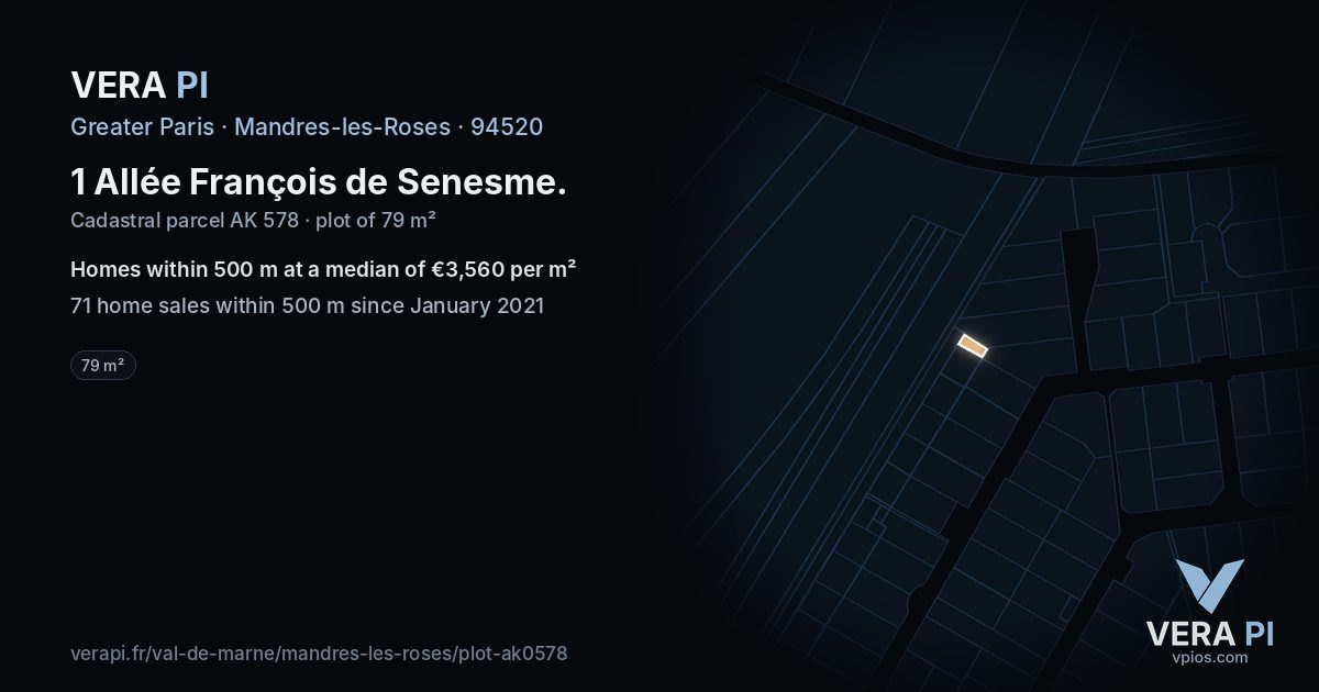 1 Allée François de Senesme, Mandres-les-Roses at night – the plot lit, the parcels around coloured by the prices near them