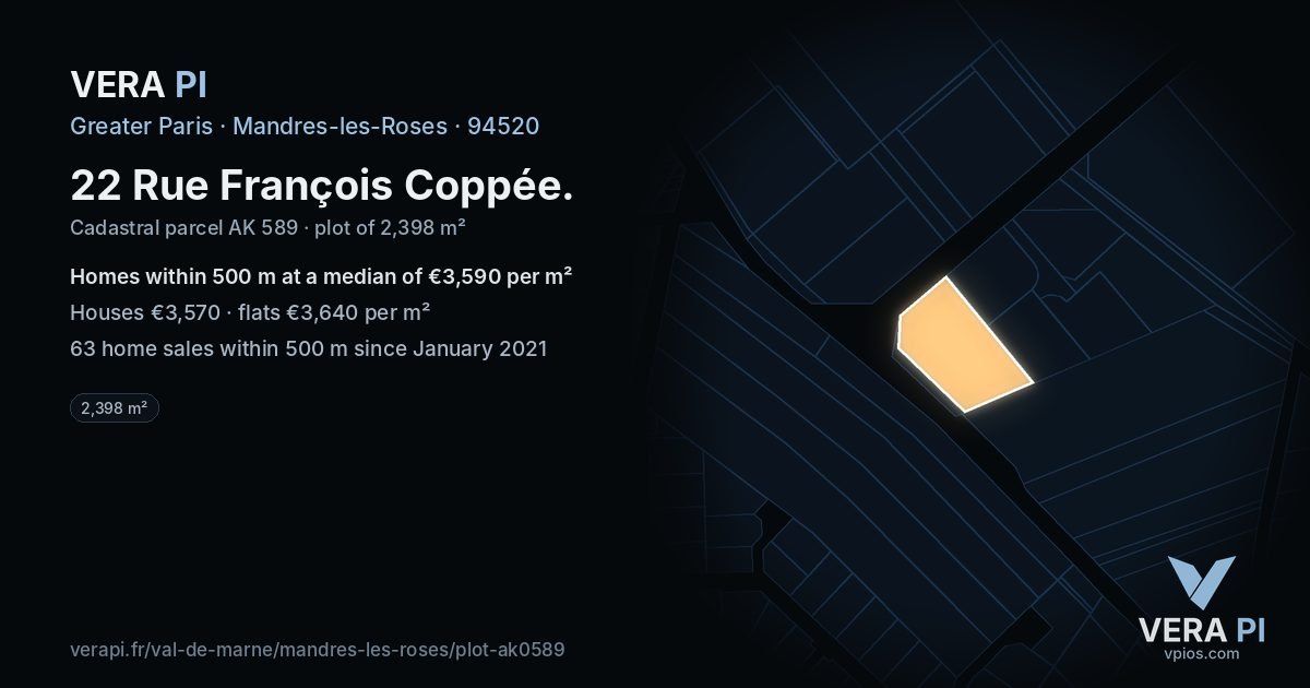 22 Rue François Coppée, Mandres-les-Roses at night – the plot lit, the parcels around coloured by the prices near them