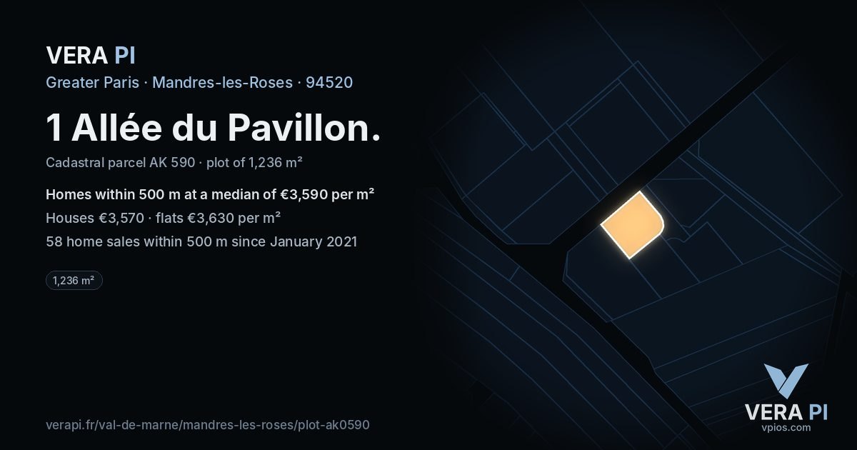 1 Allée du Pavillon, Mandres-les-Roses at night – the plot lit, the parcels around coloured by the prices near them