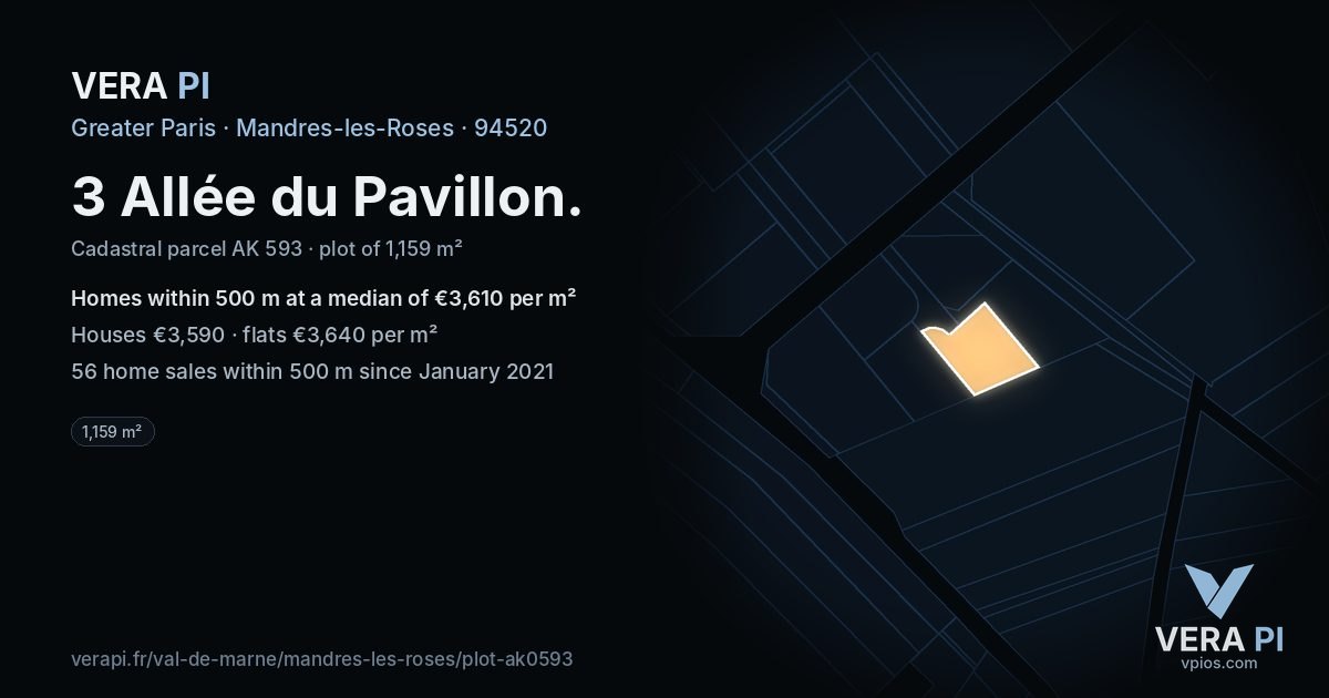 3 Allée du Pavillon, Mandres-les-Roses at night – the plot lit, the parcels around coloured by the prices near them