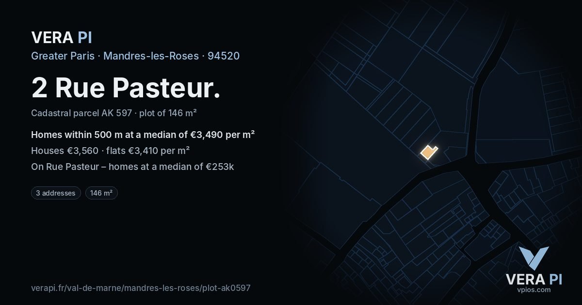 2 Rue Pasteur, Mandres-les-Roses at night – the plot lit, the parcels around coloured by the prices near them