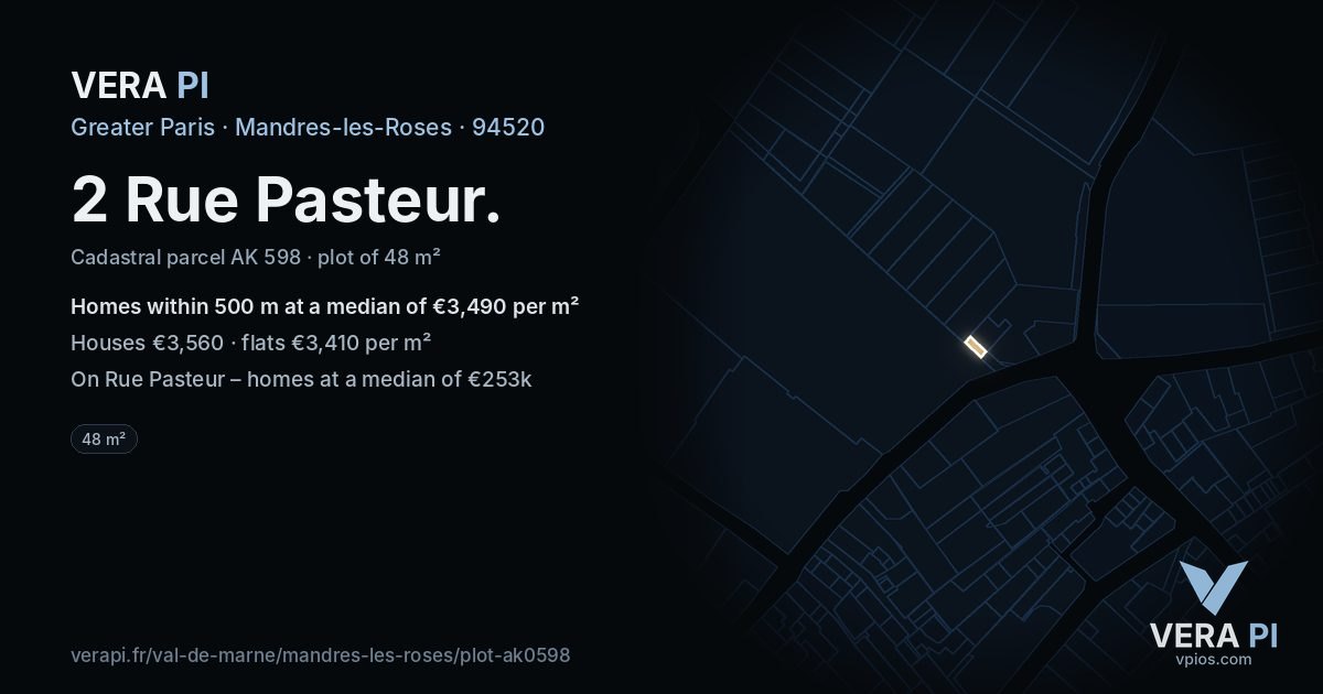 2 Rue Pasteur, Mandres-les-Roses at night – the plot lit, the parcels around coloured by the prices near them