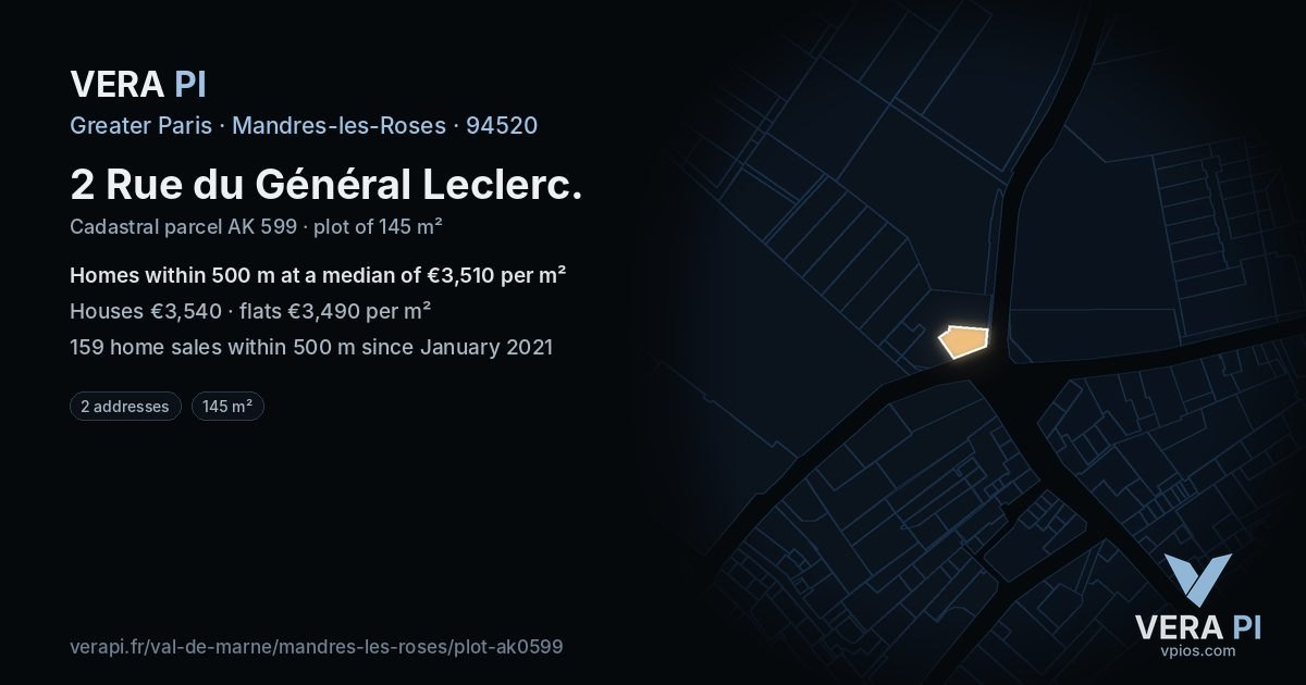 2 Rue du Général Leclerc, Mandres-les-Roses at night – the plot lit, the parcels around coloured by the prices near them