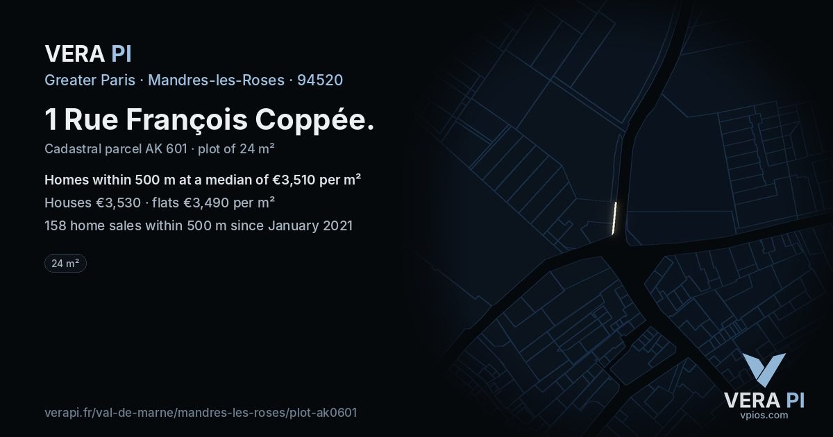 1 Rue François Coppée, Mandres-les-Roses at night – the plot lit, the parcels around coloured by the prices near them