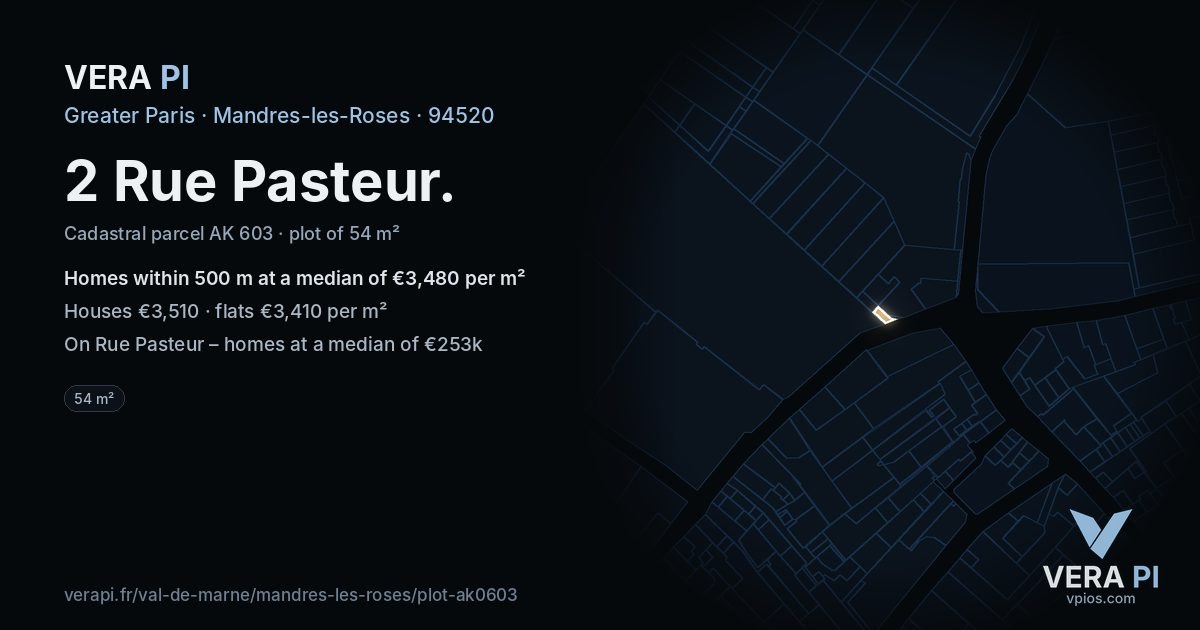2 Rue Pasteur, Mandres-les-Roses at night – the plot lit, the parcels around coloured by the prices near them