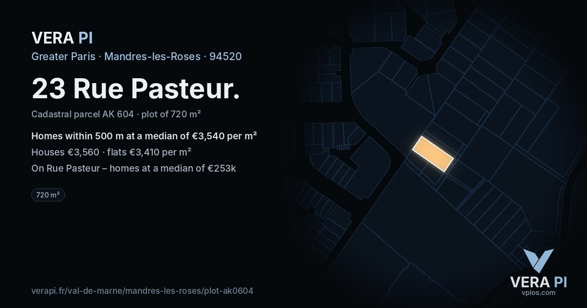 23 Rue Pasteur, Mandres-les-Roses at night – the plot lit, the parcels around coloured by the prices near them