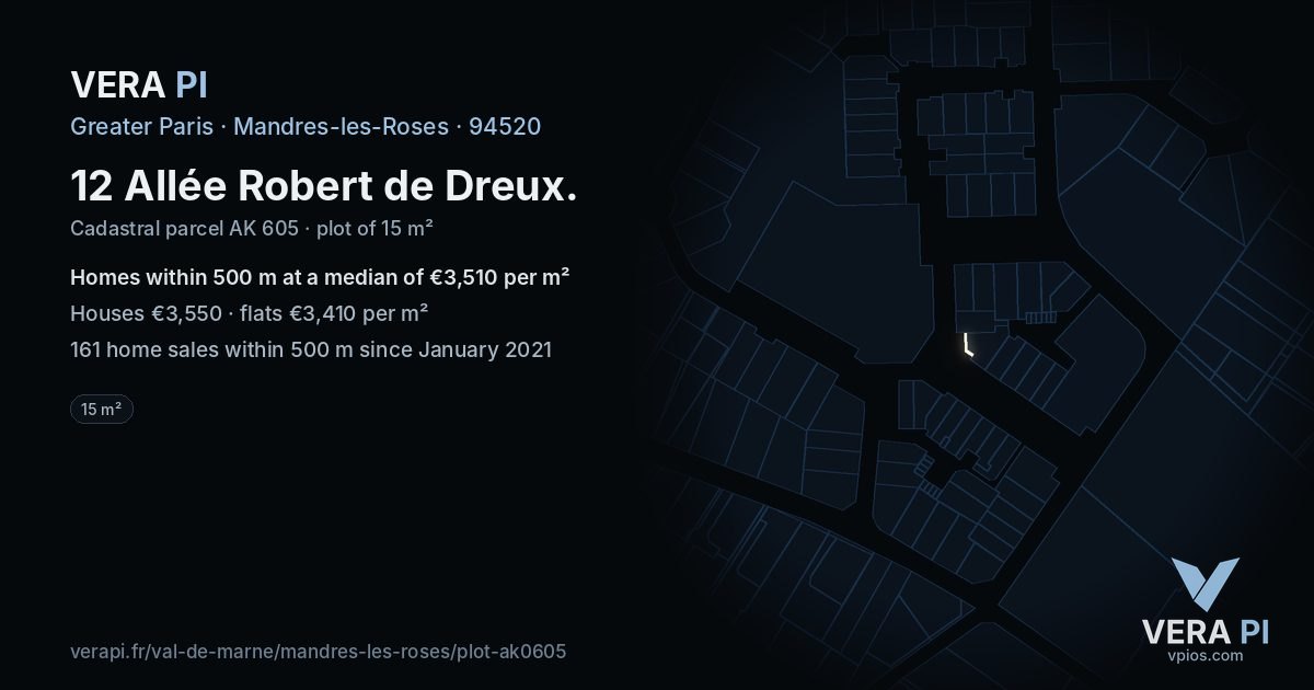 12 Allée Robert de Dreux, Mandres-les-Roses at night – the plot lit, the parcels around coloured by the prices near them