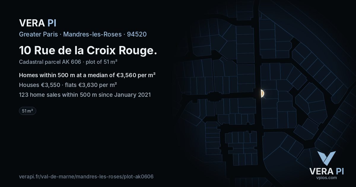 10 Rue de la Croix Rouge, Mandres-les-Roses at night – the plot lit, the parcels around coloured by the prices near them