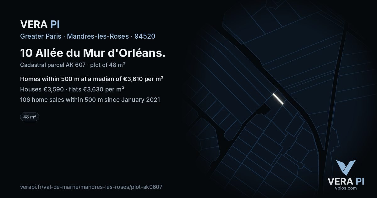 10 Allée du Mur d'Orléans, Mandres-les-Roses at night – the plot lit, the parcels around coloured by the prices near them