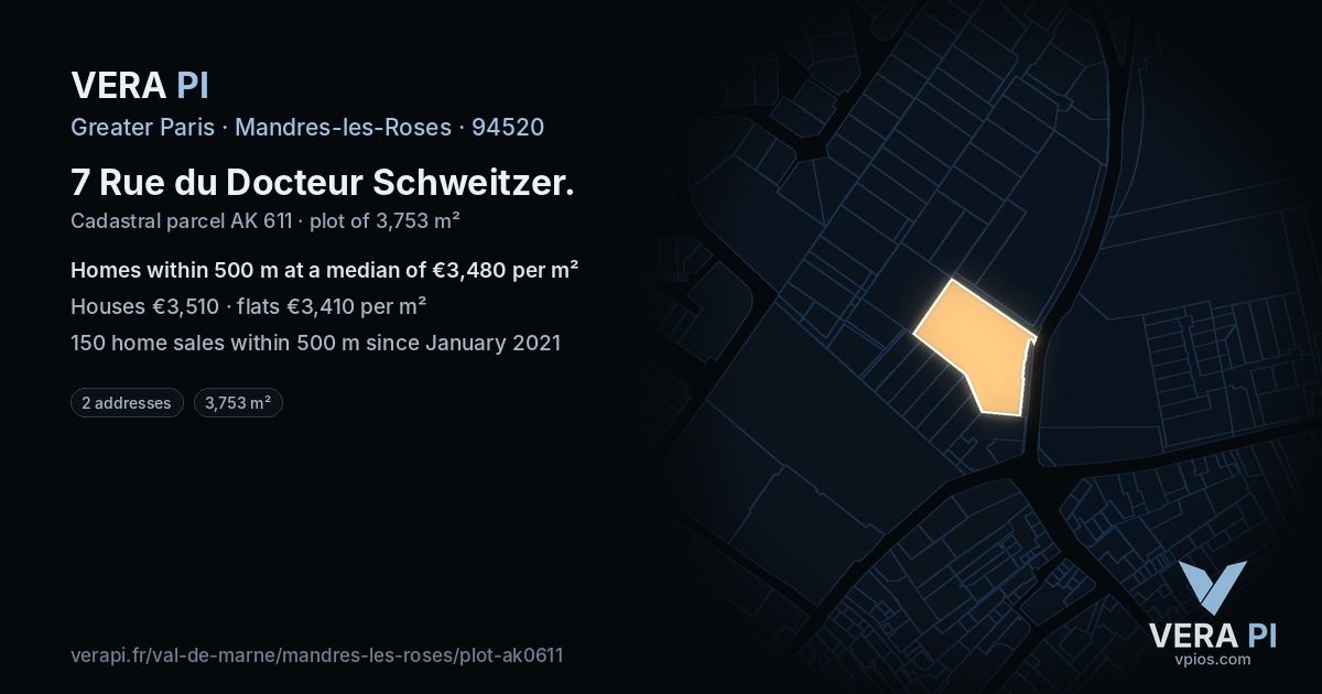 7 Rue du Docteur Schweitzer, Mandres-les-Roses at night – the plot lit, the parcels around coloured by the prices near them