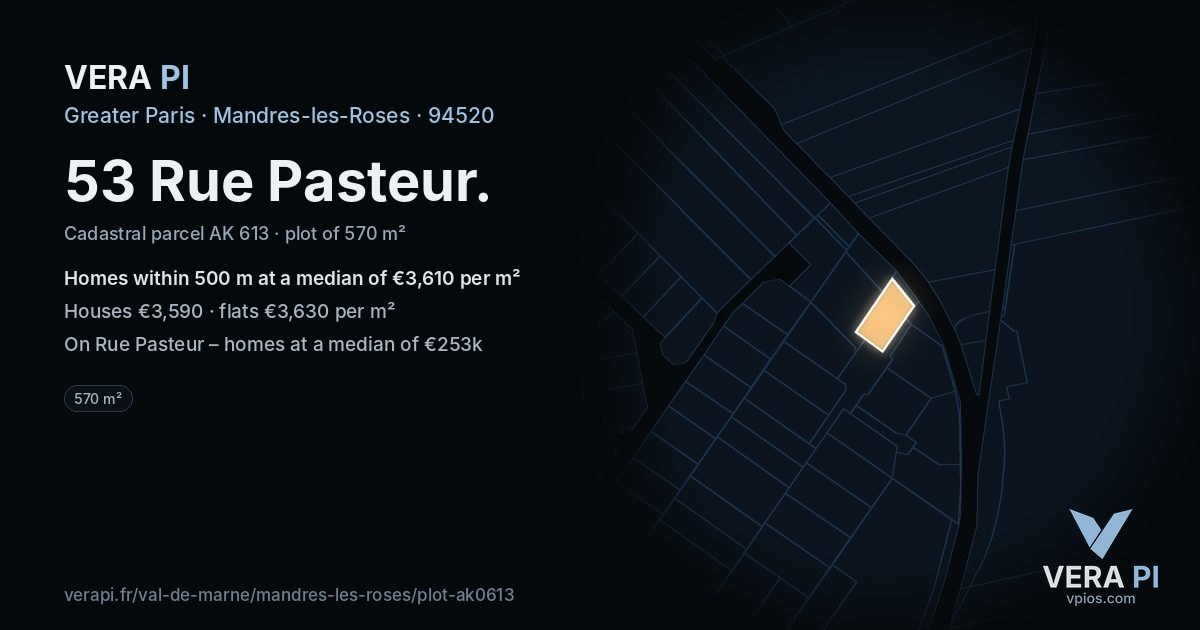 53 Rue Pasteur, Mandres-les-Roses at night – the plot lit, the parcels around coloured by the prices near them