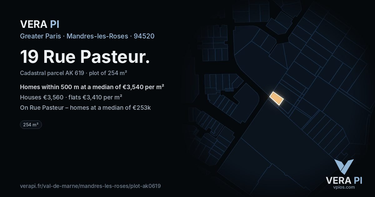 19 Rue Pasteur, Mandres-les-Roses at night – the plot lit, the parcels around coloured by the prices near them