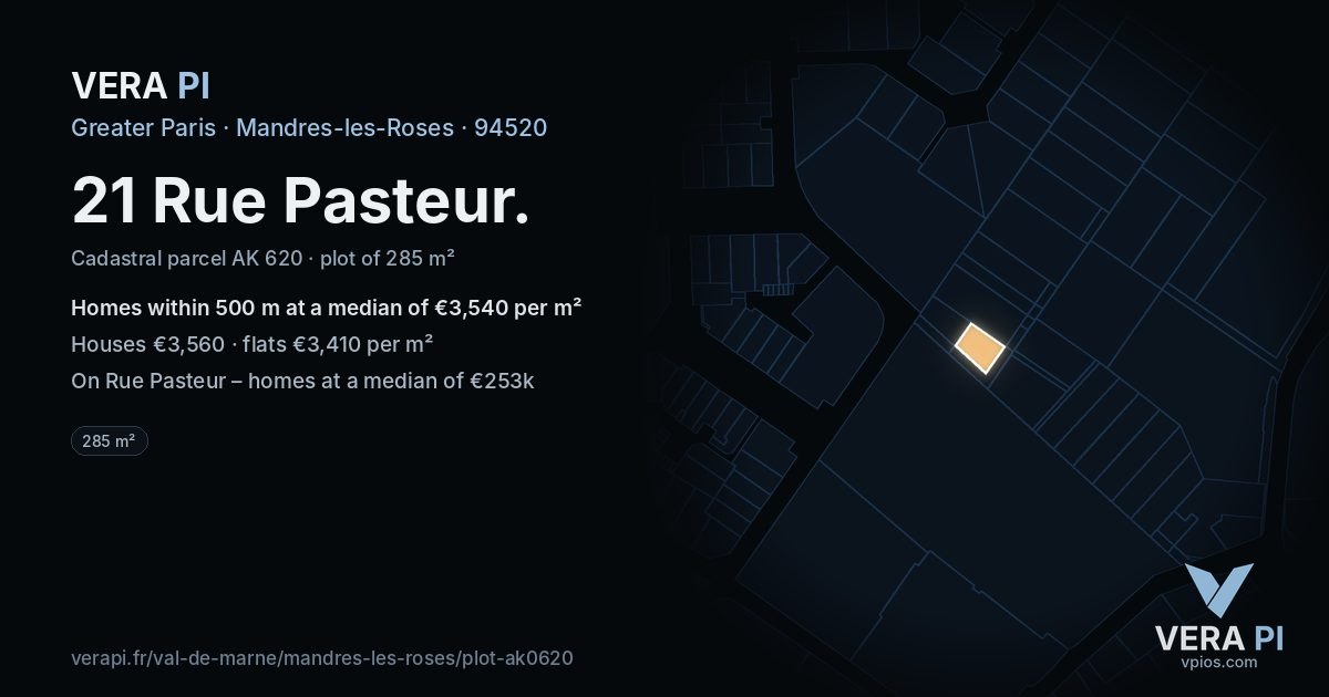 21 Rue Pasteur, Mandres-les-Roses at night – the plot lit, the parcels around coloured by the prices near them