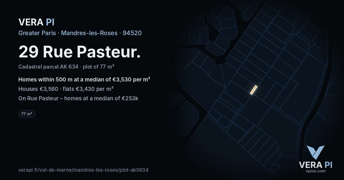 29 Rue Pasteur, Mandres-les-Roses at night – the plot lit, the parcels around coloured by the prices near them