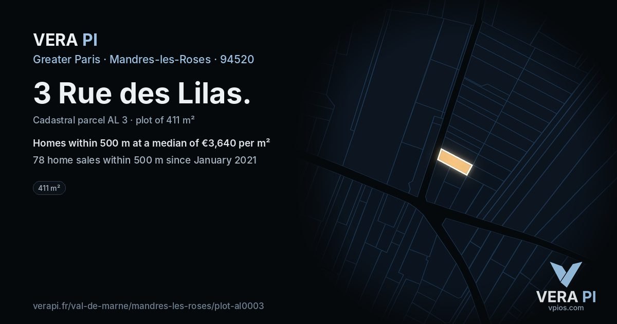 3 Rue des Lilas, Mandres-les-Roses at night – the plot lit, the parcels around coloured by the prices near them