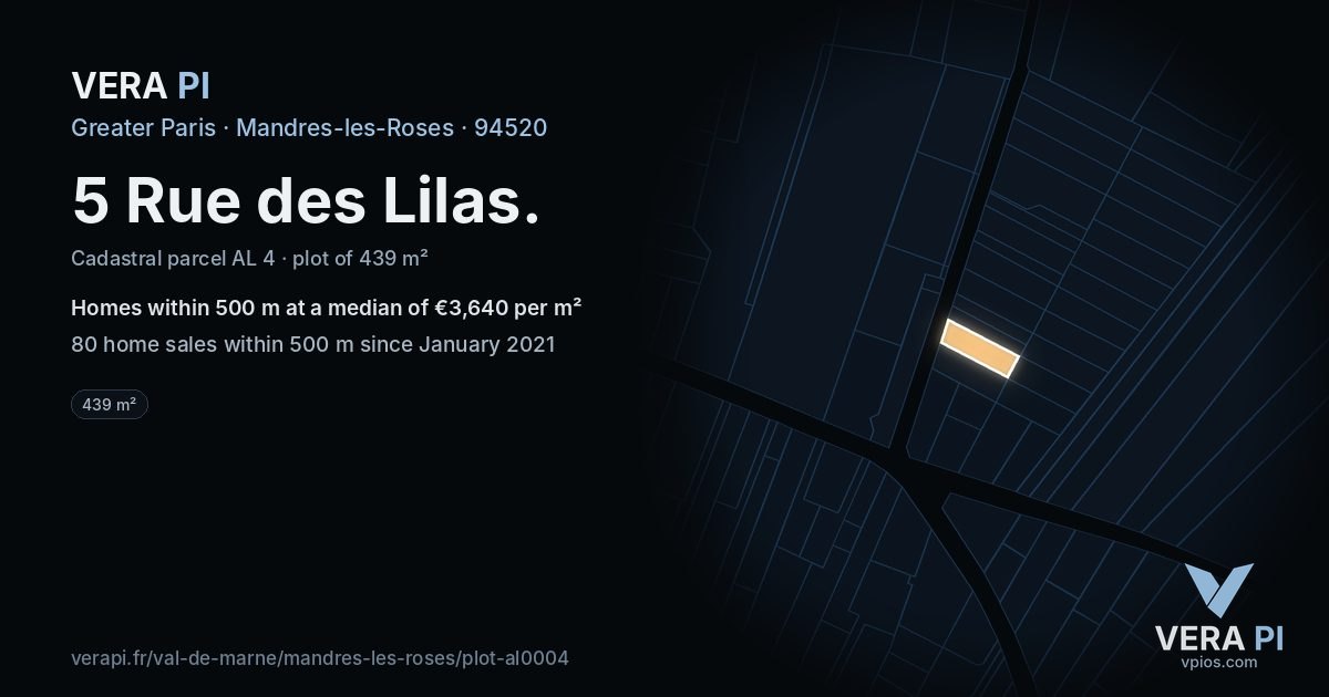 5 Rue des Lilas, Mandres-les-Roses at night – the plot lit, the parcels around coloured by the prices near them