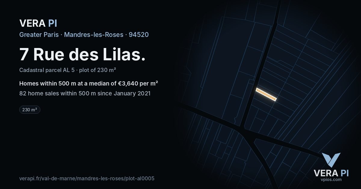 7 Rue des Lilas, Mandres-les-Roses at night – the plot lit, the parcels around coloured by the prices near them