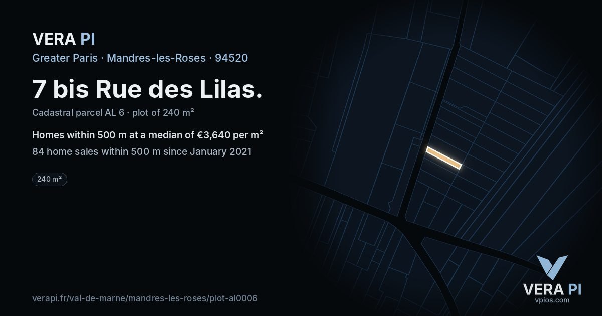 7 bis Rue des Lilas, Mandres-les-Roses at night – the plot lit, the parcels around coloured by the prices near them