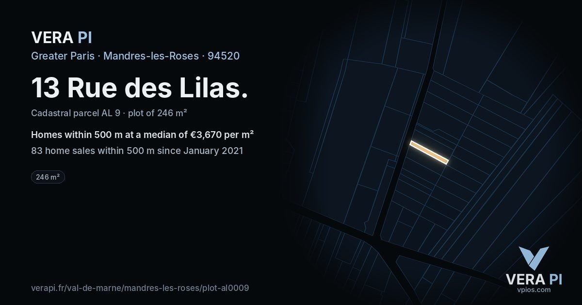 13 Rue des Lilas, Mandres-les-Roses at night – the plot lit, the parcels around coloured by the prices near them