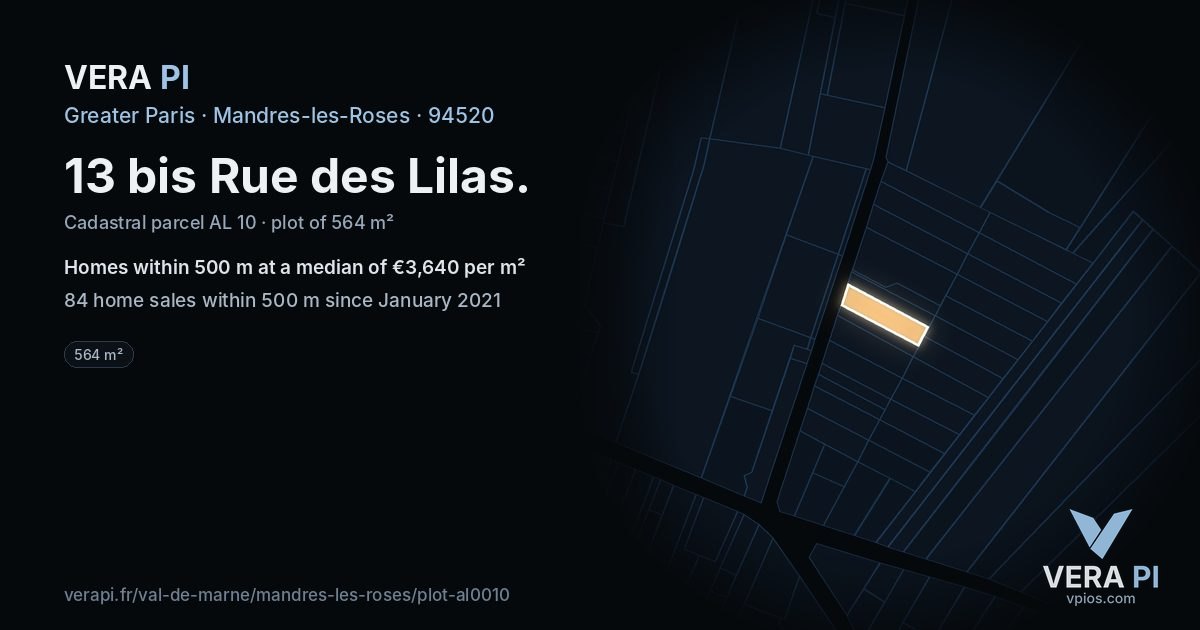 13 bis Rue des Lilas, Mandres-les-Roses at night – the plot lit, the parcels around coloured by the prices near them