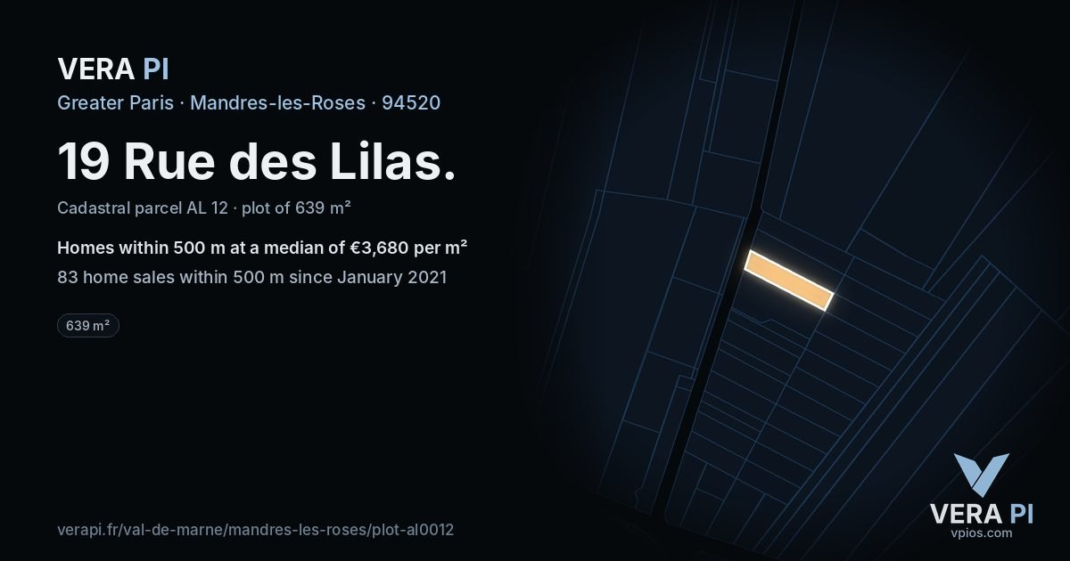 19 Rue des Lilas, Mandres-les-Roses at night – the plot lit, the parcels around coloured by the prices near them