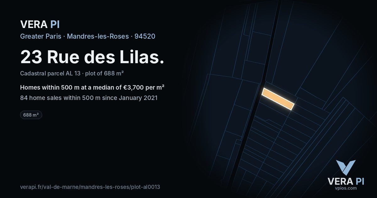 23 Rue des Lilas, Mandres-les-Roses at night – the plot lit, the parcels around coloured by the prices near them