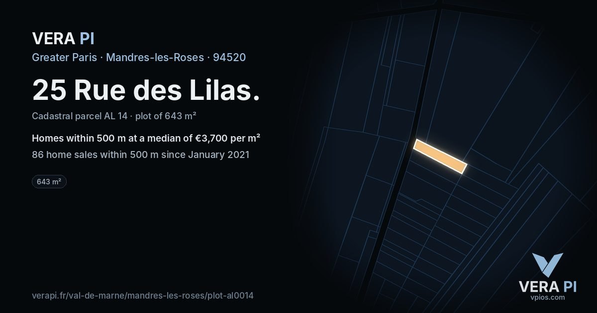 25 Rue des Lilas, Mandres-les-Roses at night – the plot lit, the parcels around coloured by the prices near them