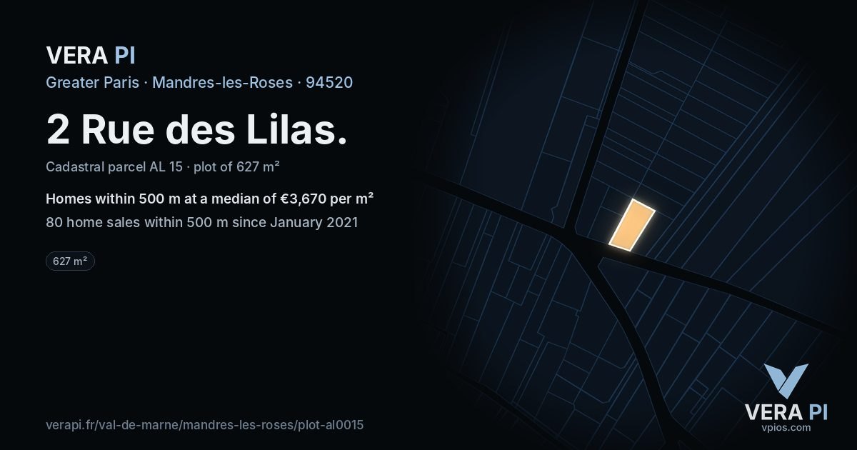 2 Rue des Lilas, Mandres-les-Roses at night – the plot lit, the parcels around coloured by the prices near them