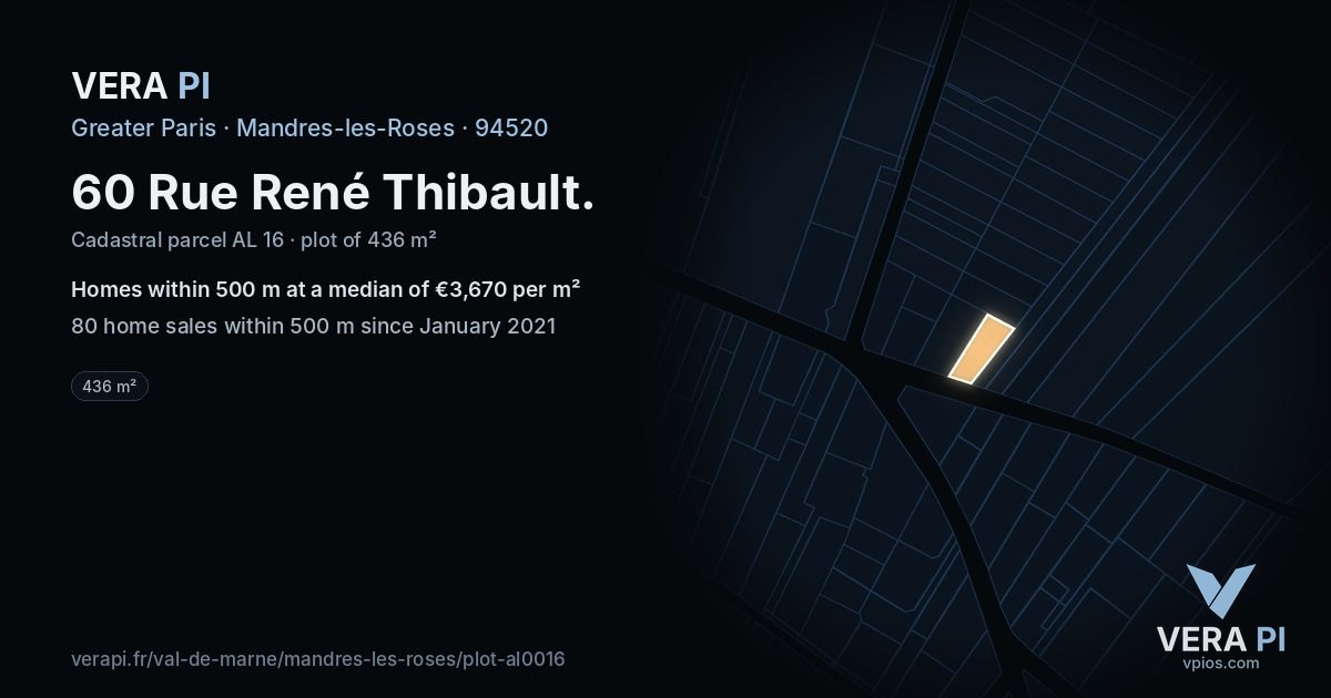 60 Rue René Thibault, Mandres-les-Roses at night – the plot lit, the parcels around coloured by the prices near them