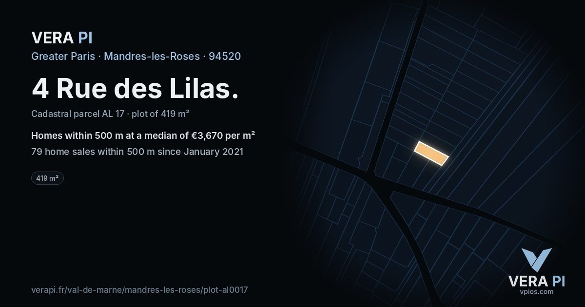 4 Rue des Lilas, Mandres-les-Roses at night – the plot lit, the parcels around coloured by the prices near them