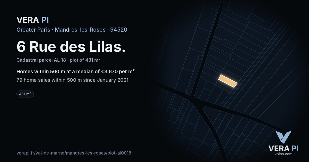 6 Rue des Lilas, Mandres-les-Roses at night – the plot lit, the parcels around coloured by the prices near them