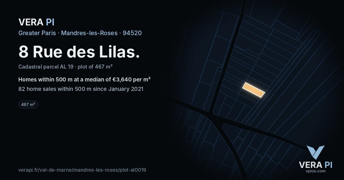 8 Rue des Lilas, Mandres-les-Roses at night – the plot lit, the parcels around coloured by the prices near them