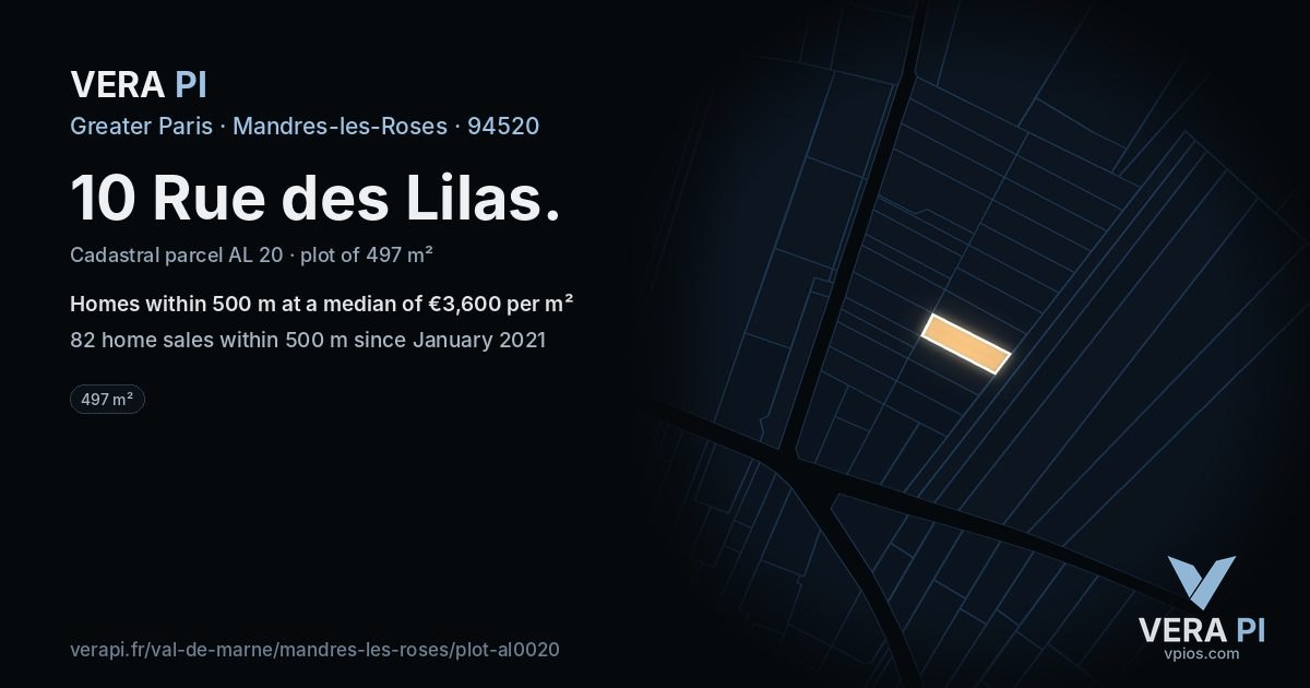 10 Rue des Lilas, Mandres-les-Roses at night – the plot lit, the parcels around coloured by the prices near them