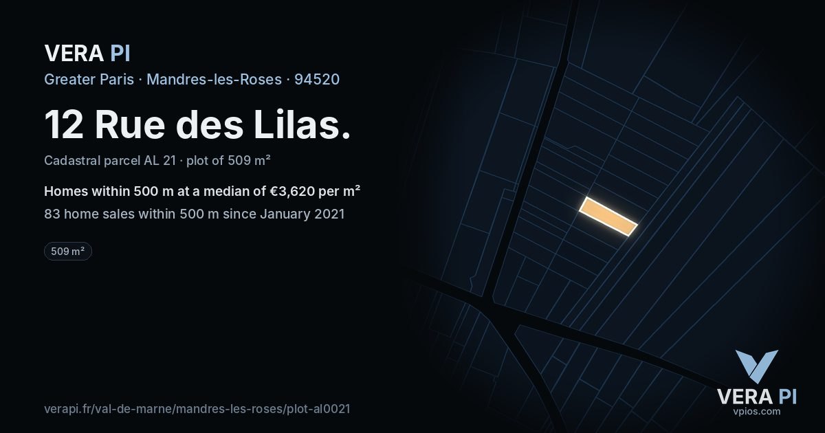 12 Rue des Lilas, Mandres-les-Roses at night – the plot lit, the parcels around coloured by the prices near them