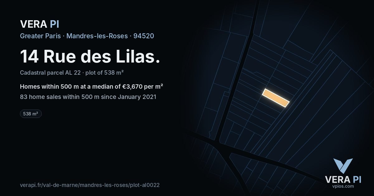 14 Rue des Lilas, Mandres-les-Roses at night – the plot lit, the parcels around coloured by the prices near them