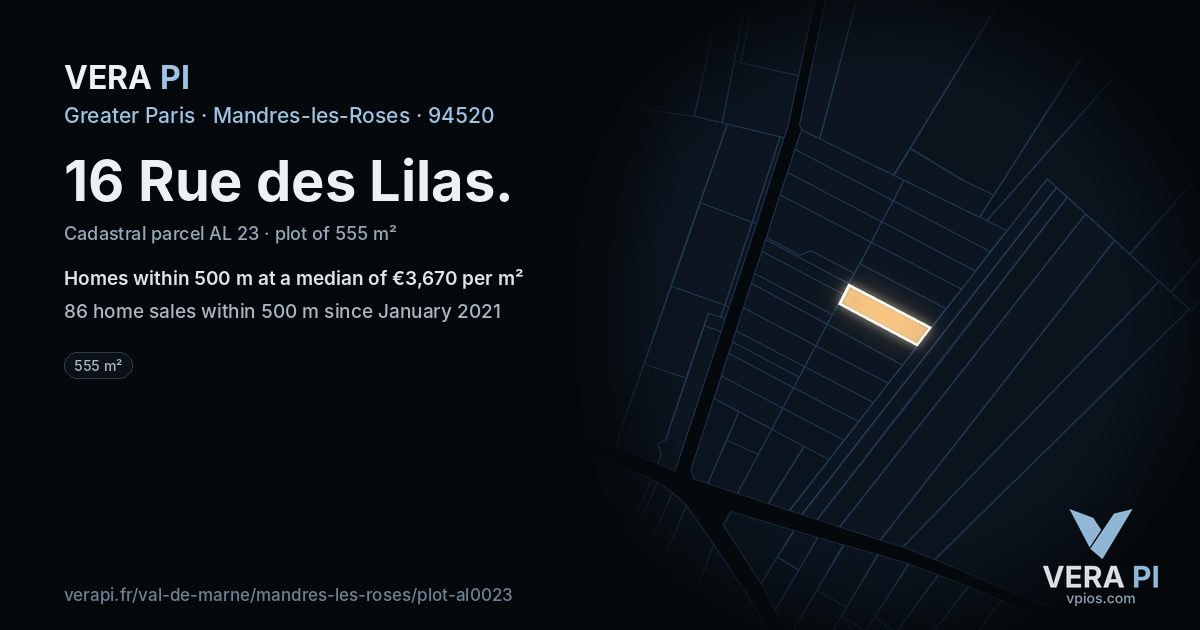 16 Rue des Lilas, Mandres-les-Roses at night – the plot lit, the parcels around coloured by the prices near them