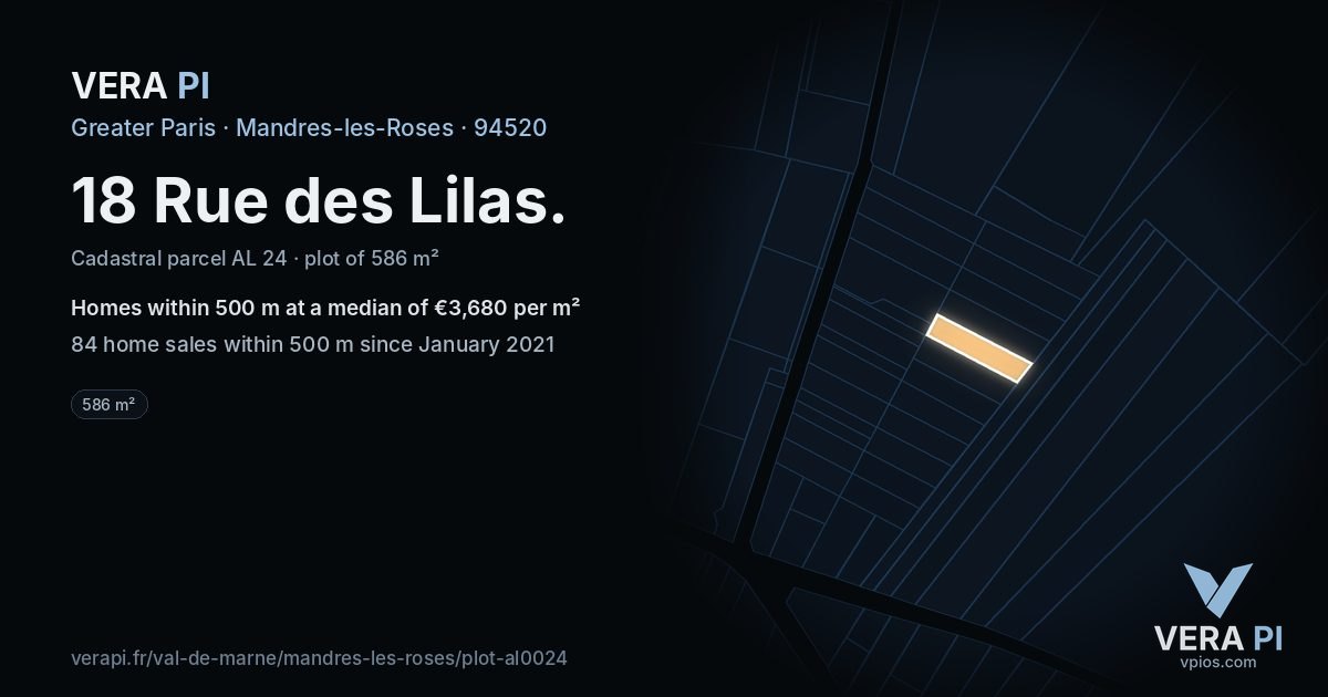18 Rue des Lilas, Mandres-les-Roses at night – the plot lit, the parcels around coloured by the prices near them