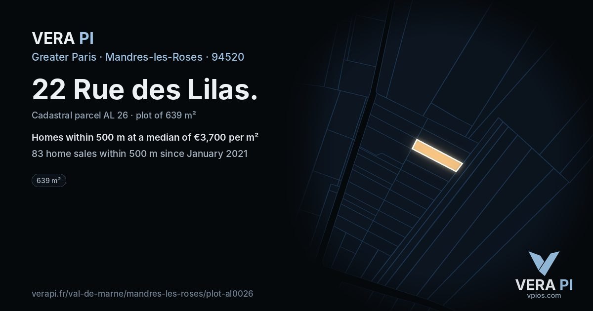 22 Rue des Lilas, Mandres-les-Roses at night – the plot lit, the parcels around coloured by the prices near them