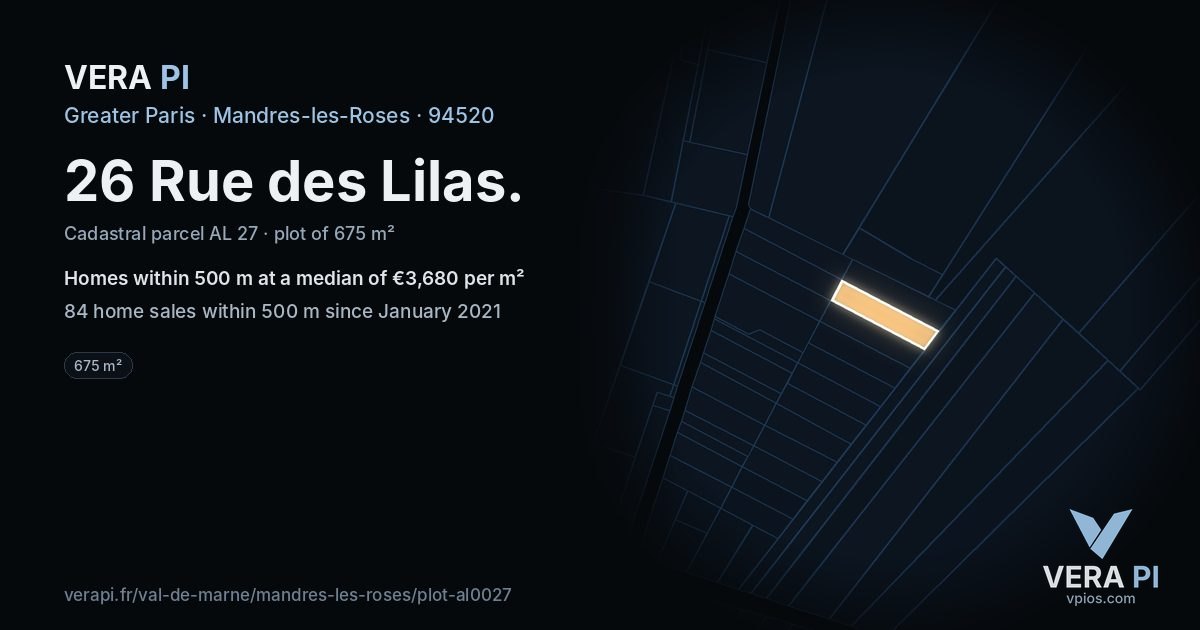 26 Rue des Lilas, Mandres-les-Roses at night – the plot lit, the parcels around coloured by the prices near them