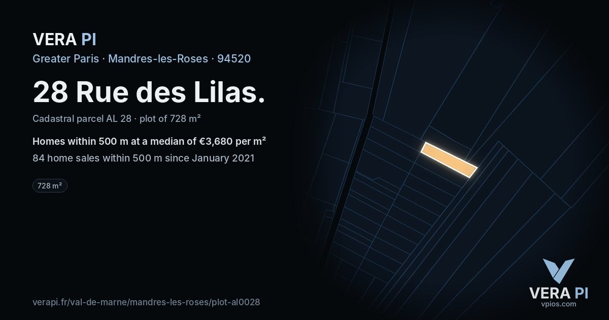 28 Rue des Lilas, Mandres-les-Roses at night – the plot lit, the parcels around coloured by the prices near them