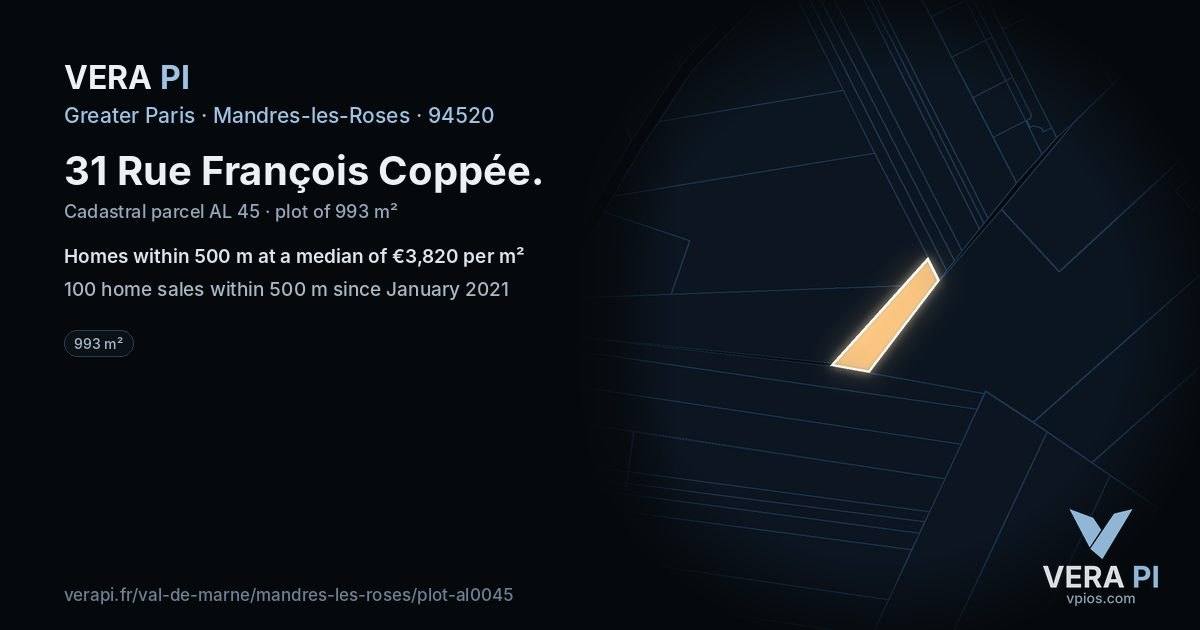 31 Rue François Coppée, Mandres-les-Roses at night – the plot lit, the parcels around coloured by the prices near them