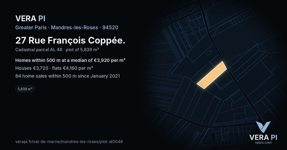 27 Rue François Coppée, Mandres-les-Roses at night – the plot lit, the parcels around coloured by the prices near them