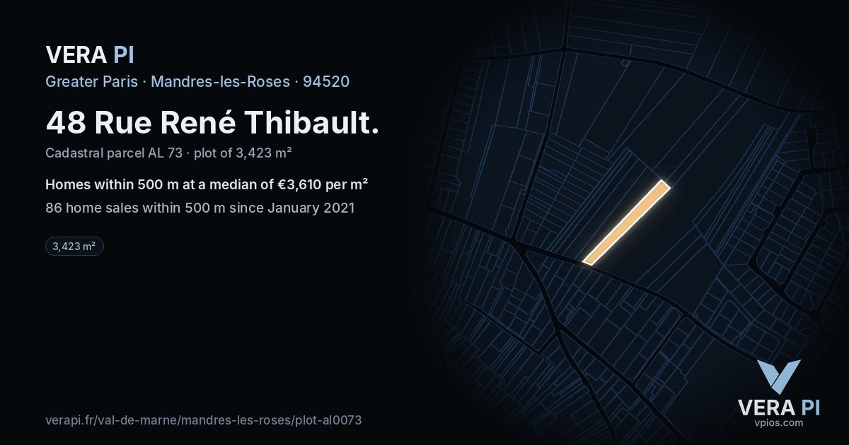 48 Rue René Thibault, Mandres-les-Roses at night – the plot lit, the parcels around coloured by the prices near them