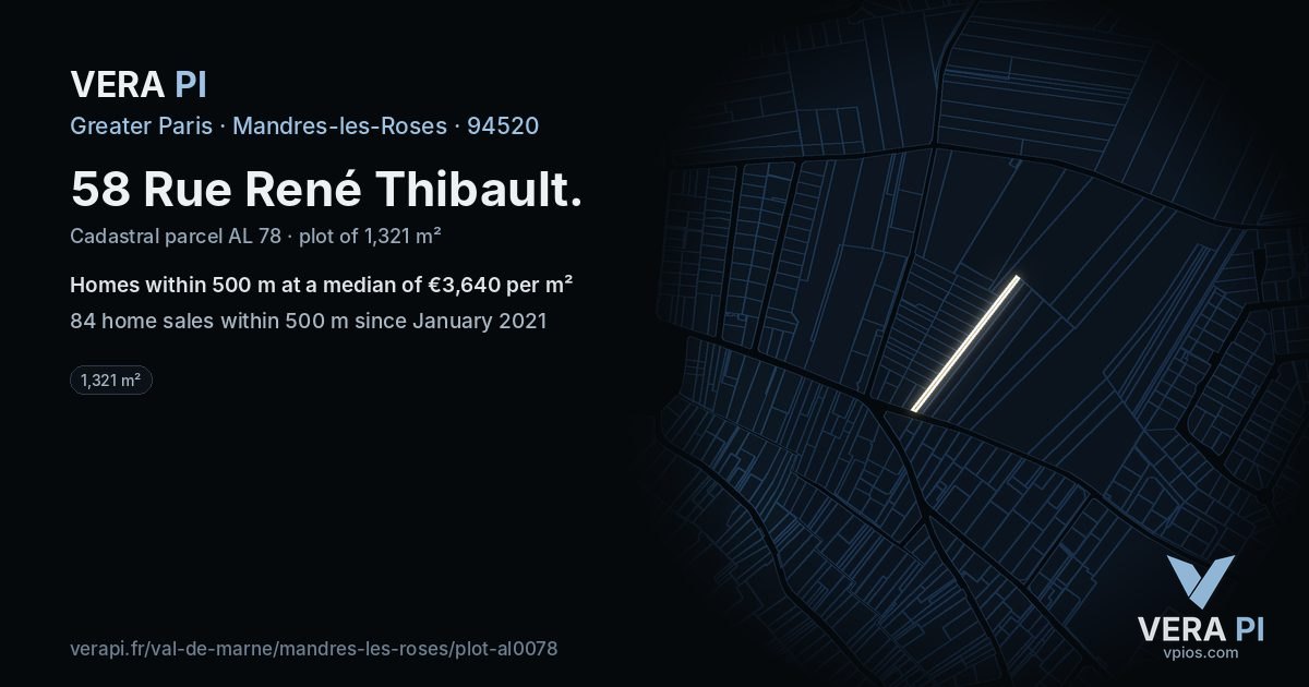 58 Rue René Thibault, Mandres-les-Roses at night – the plot lit, the parcels around coloured by the prices near them