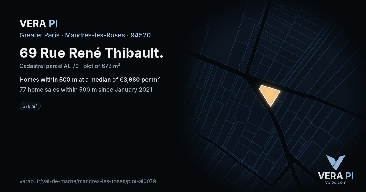 69 Rue René Thibault, Mandres-les-Roses at night – the plot lit, the parcels around coloured by the prices near them