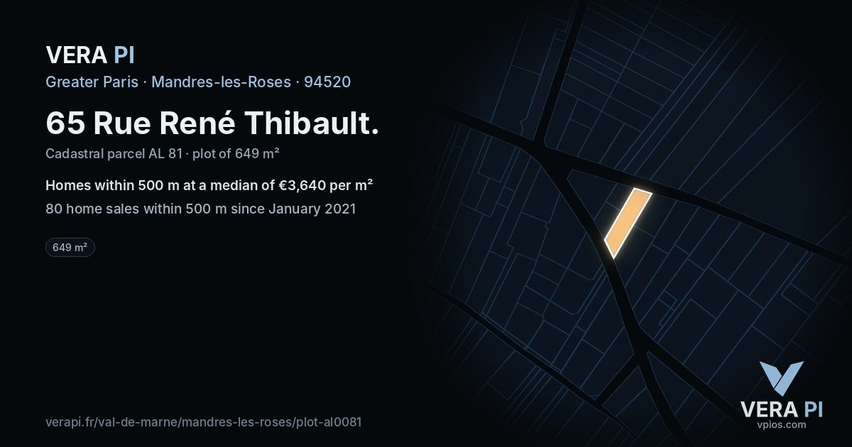 65 Rue René Thibault, Mandres-les-Roses at night – the plot lit, the parcels around coloured by the prices near them