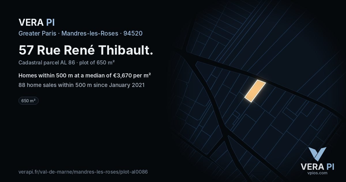 57 Rue René Thibault, Mandres-les-Roses at night – the plot lit, the parcels around coloured by the prices near them