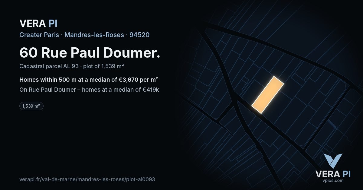 60 Rue Paul Doumer, Mandres-les-Roses at night – the plot lit, the parcels around coloured by the prices near them