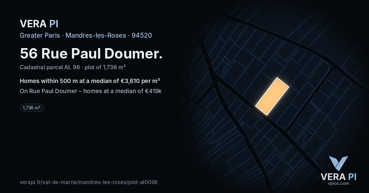 56 Rue Paul Doumer, Mandres-les-Roses at night – the plot lit, the parcels around coloured by the prices near them